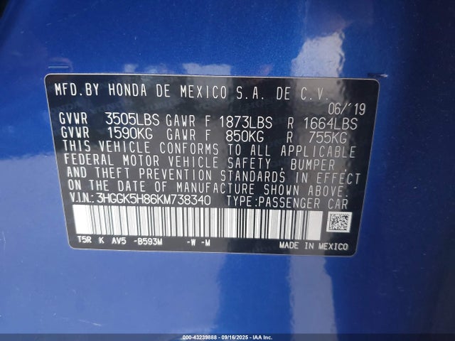 3HGGK5H86KM738340 Honda l15b1
