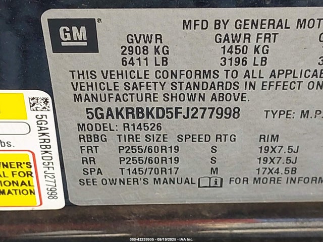 Buick llt 2015 5GAKRBKD5FJ277998 Image 9