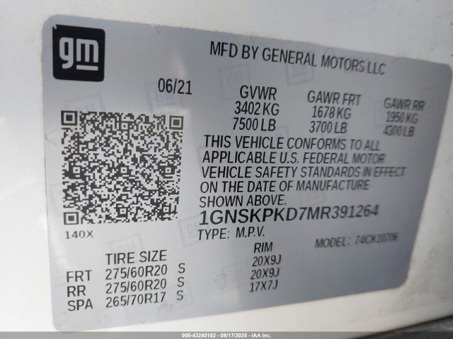 1GNSKPKD7MR391264 Chevrolet Tahoe 4wd Z71