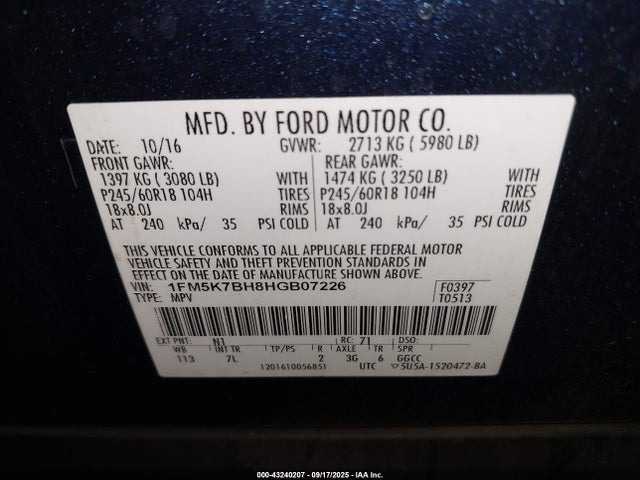 1FM5K7BH8HGB07226 Ford 2.3l gtdi