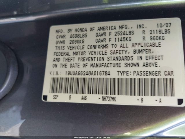 2008 ACURA TL 19UUA66248A016784 Photo 8