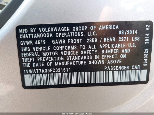 Volkswagen Passat 2015 1VWAT7A39FC021611 Image 9