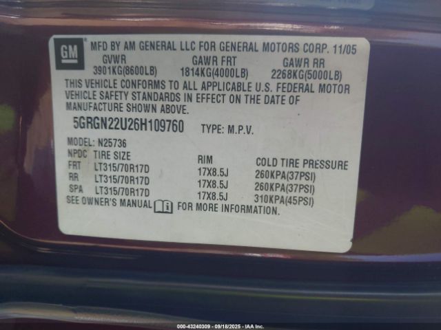 2006 HUMMER H2 SUT 5GRGN22U26H109760 Photo 8