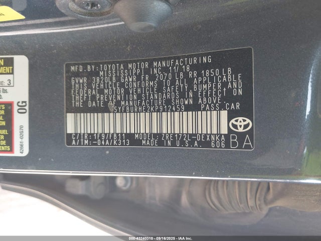 Продажа на аукционе авто 2019 Toyota Corolla Le, vin: 5YFBURHE2KP912459, номер лота: 43240310