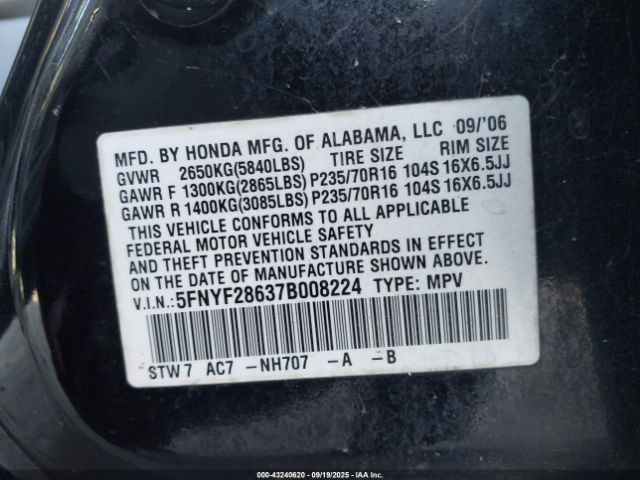 2007 HONDA PILOT 5FNYF28637B008224 Photo 8