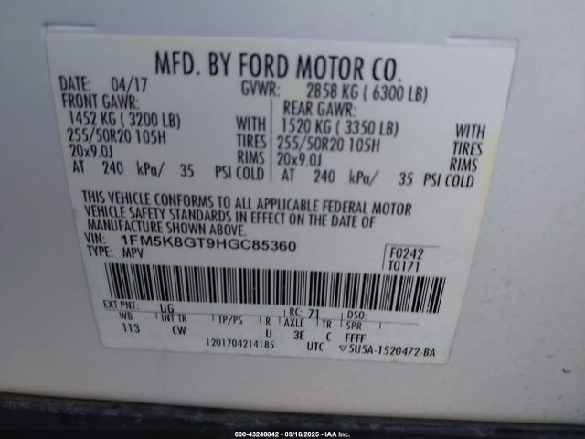 1FM5K8GT9HGC85360 Ford 3.5l gtdi