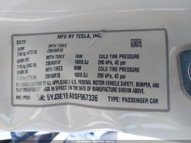 2025 TESLA MODEL 3 5YJ3E1EA8SF967336 Photo 8