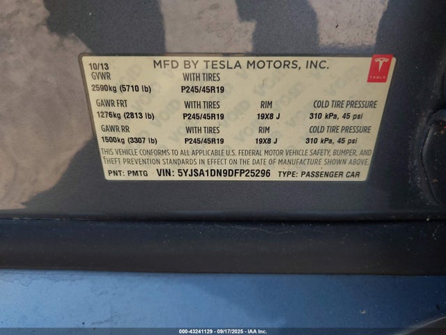 Продаж на аукціоні авто 2013 Tesla Model S, vin: 5YJSA1DN9DFP25296, номер лоту: 43241129