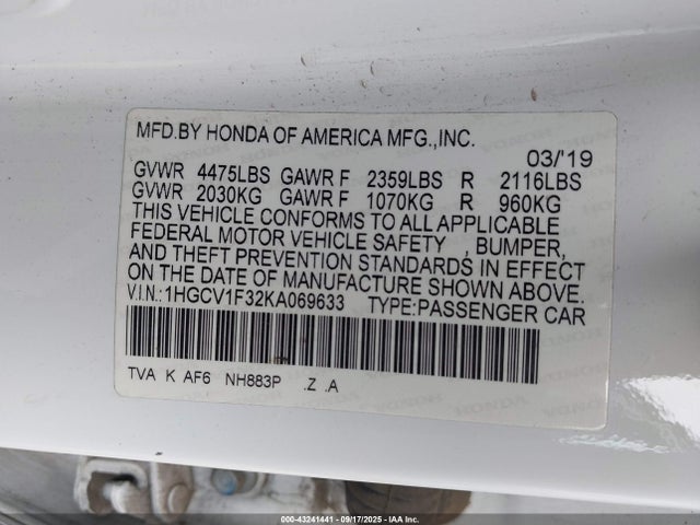 1HGCV1F32KA069633 Honda l15be