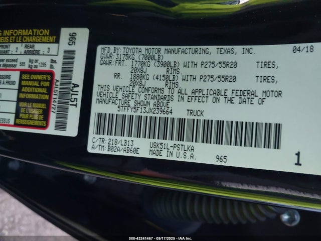 5TFFY5F13JX239664 Toyota 3ur-fe