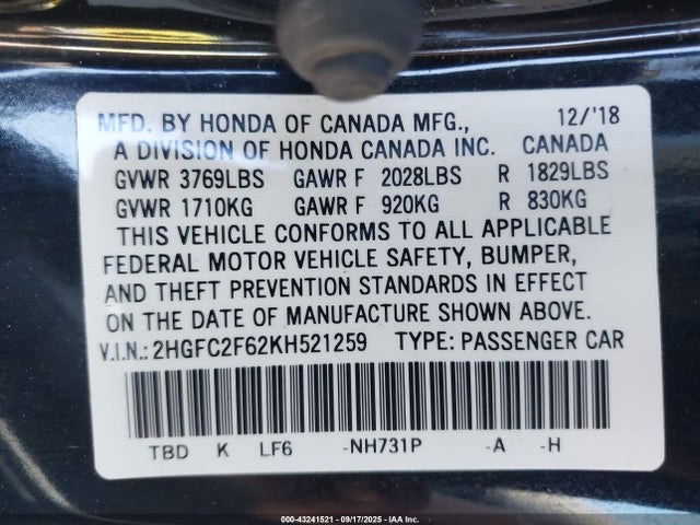 Honda k20c2 2019 2HGFC2F62KH521259 Image 9