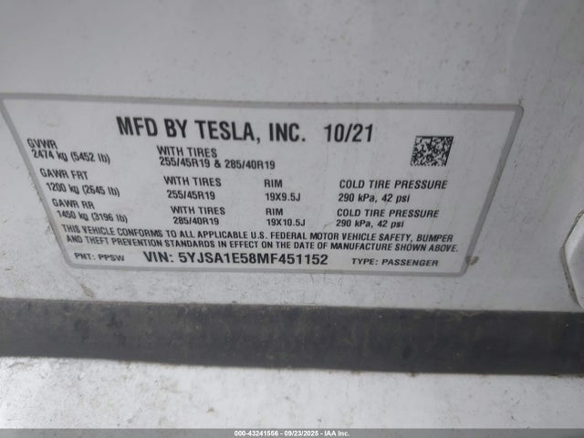 Tesla MODEL S 2021 5YJSA1E58MF451152 Image 9
