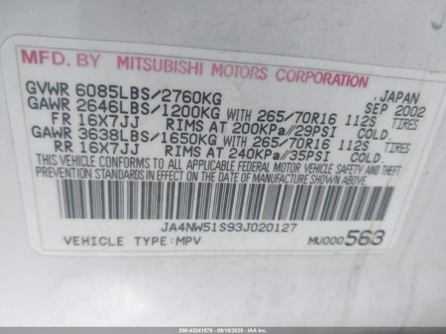 2003 MITSUBISHI MONTERO JA4NW51S93J020127 Photo 8