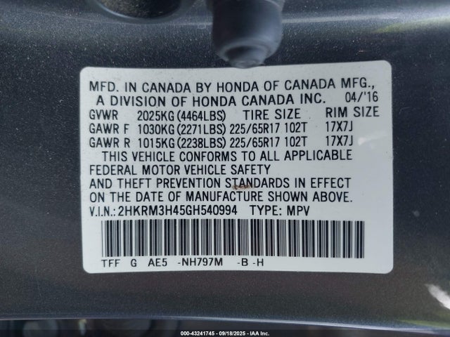 Honda k24w9 2016 2HKRM3H45GH540994 Image 9