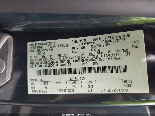 1FMCU9GD0KUC04139 Ford 1.5l gtdi sigma w/premium fuel