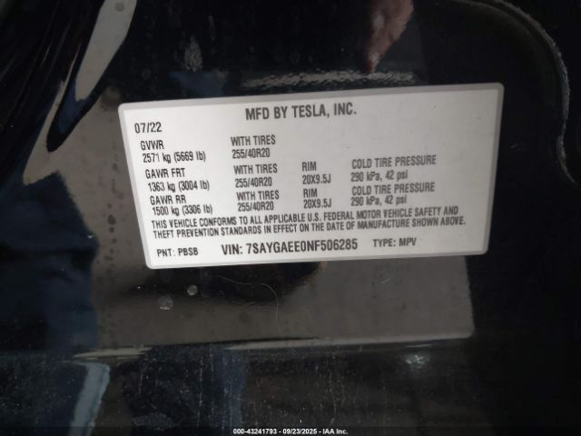 2022 TESLA MODEL Y 7SAYGAEE0NF506285 Photo 8