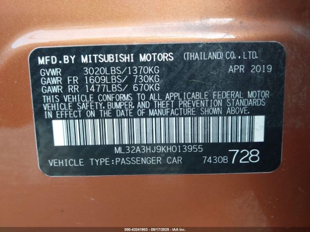 2019 MITSUBISHI MIRAGE ML32A3HJ9KH013955 Photo 8