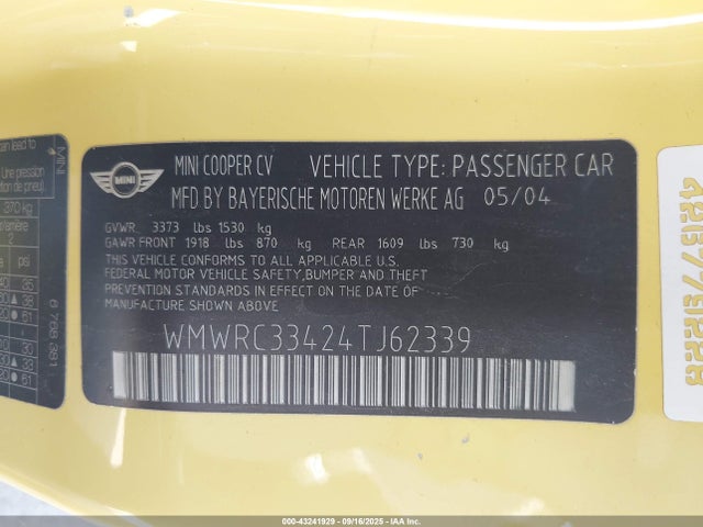 2004 MINI COOPER WMWRC33424TJ62339 Photo 8