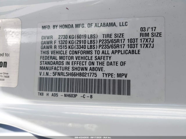 Honda j35z8 2017 5FNRL5H66HB021775 Image 9