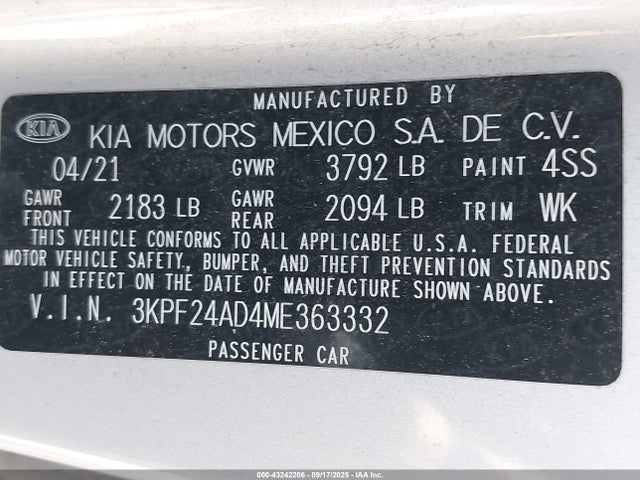 3KPF24AD4ME363332 KIA mpi nu