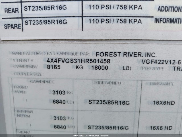 4X4FVGS31HR501458 Forest River 422v12-6