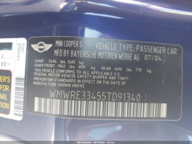 2005 MINI COOPER S WMWRE33455TD91340 Photo 8
