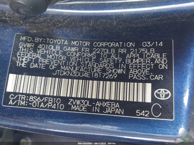 Toyota 2zr-fxe+3jm 2014 JTDKN3DU4E1817269 Image 9