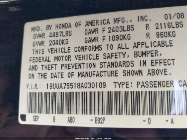 2008 ACURA TL 19UUA75518A030109 Photo 8