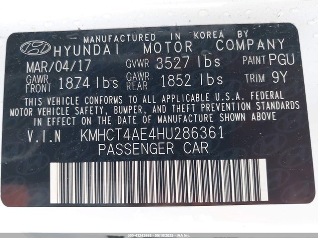 KMHCT4AE4HU286361 Hyundai Accent
