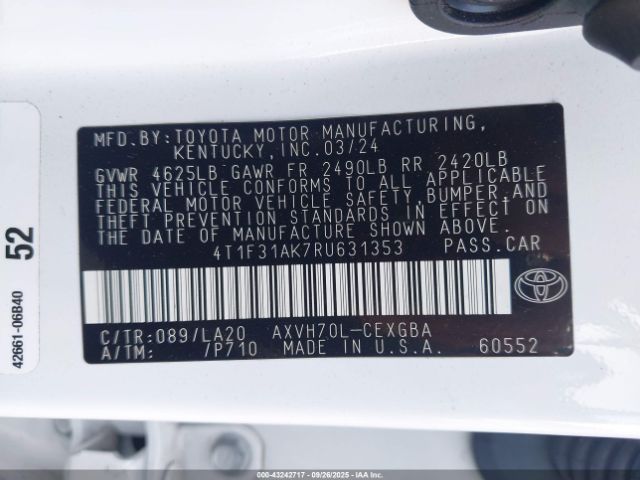 2024 TOYOTA CAMRY HYBRID 4T1F31AK7RU631353 Photo 8