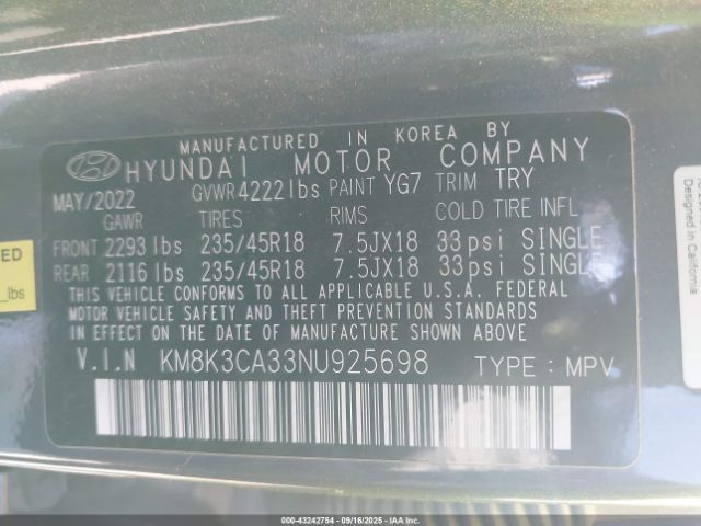 2022 HYUNDAI KONA KM8K3CA33NU925698 Photo 8