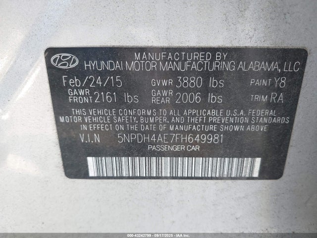 5NPDH4AE7FH649981 Hyundai dohc mpi nu