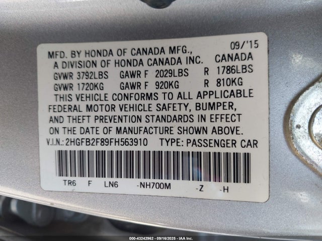 Honda r18z1 2015 2HGFB2F89FH563910 Image 9