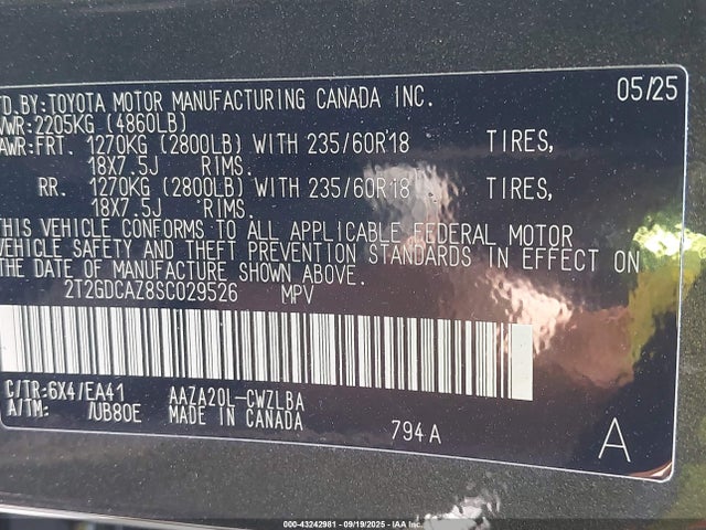 2T2GDCAZ8SC029526 Lexus a25a-fks