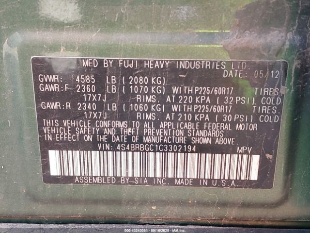 2012 SUBARU OUTBACK 4S4BRBGC1C3302194 Photo 8