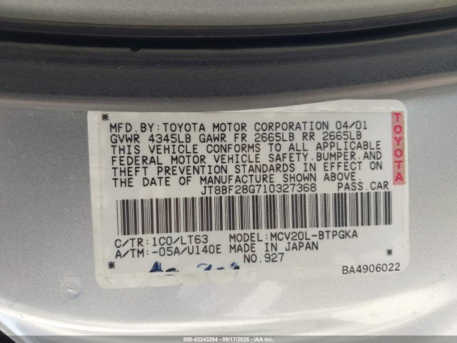 Aukcja sprzedaży 2001 Lexus Es 300, vin: JT8BF28G710327368, numer aukcji: 43243264