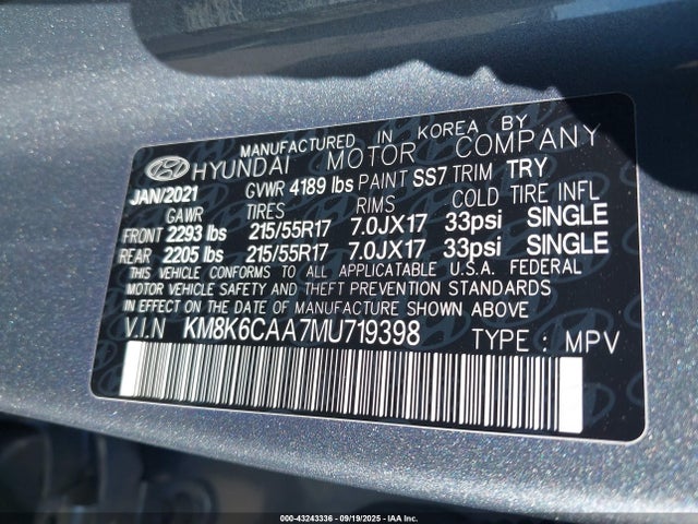 KM8K6CAA7MU719398 Hyundai mpi nu