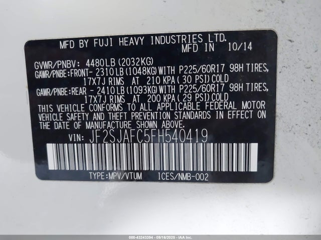 JF2SJAFC5FH540419 Subaru 2.5na u5