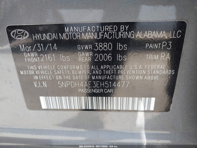 Hyundai dohc mpi nu 2014 5NPDH4AE3EH514477 Image 9