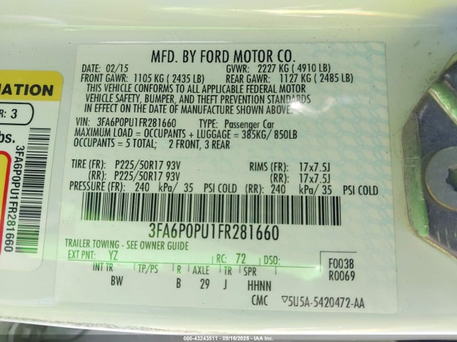 Ford Fusion 2015 3FA6P0PU1FR281660 Image 9