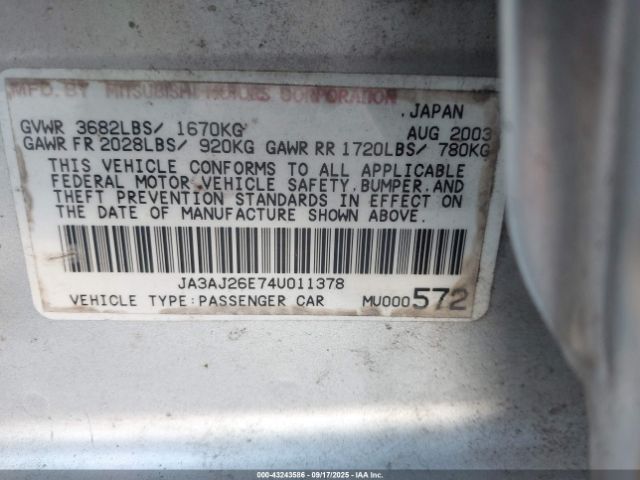 2004 MITSUBISHI LANCER JA3AJ26E74U011378 Photo 8