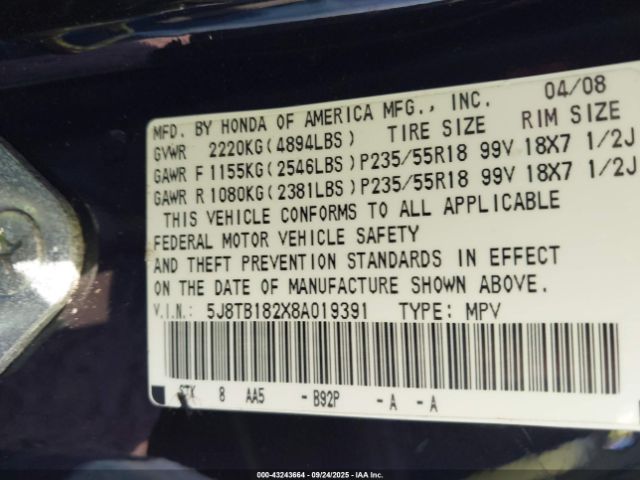 2008 ACURA RDX 5J8TB182X8A019391 Photo 8