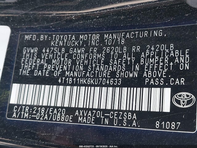 4T1B11HK6KU704633 Toyota a25a-fks