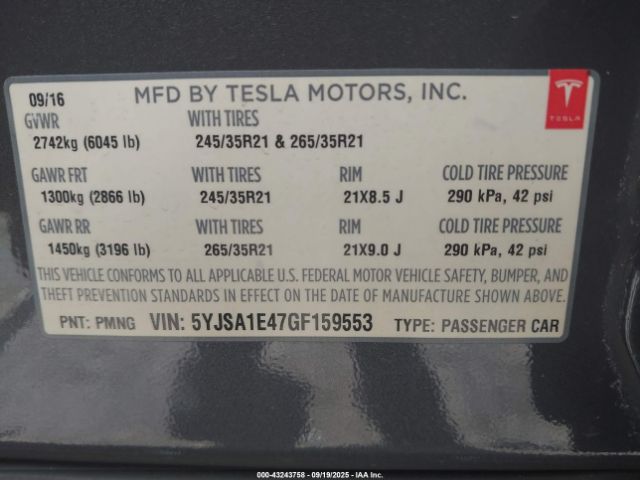 2016 TESLA MODEL S 5YJSA1E47GF159553 Photo 8