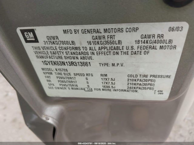 2003 CADILLAC ESCALADE 1GYEK63N13R313661 Photo 8