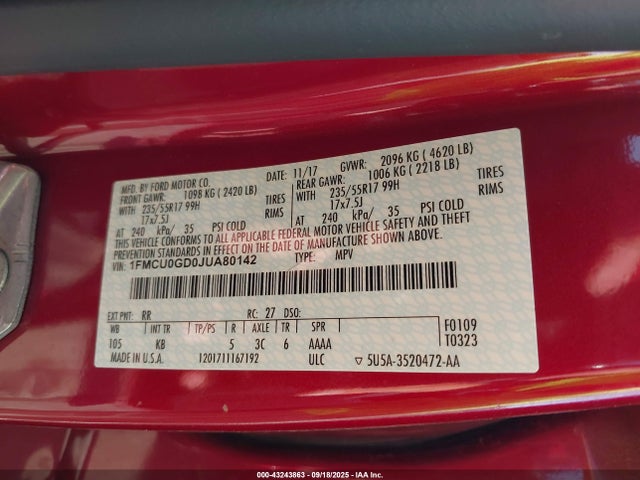 1FMCU0GD0JUA80142 Ford 1.5l gtdi sigma w/premium fuel