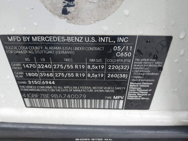 43243919 :رقم المزاد ، 4JGBF7BE9BA740079 vin ، 2011 Mercedes-benz Gl 450 4matic مزاد بيع
