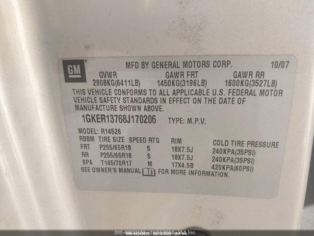 Aukcja sprzedaży 2008 Gmc Acadia Sle-1, vin: 1GKER13768J170206, numer aukcji: 43243930
