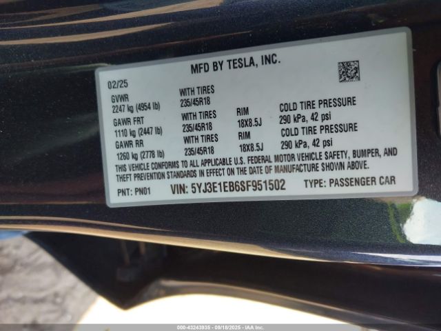 2025 TESLA MODEL 3 5YJ3E1EB6SF951502 Photo 8