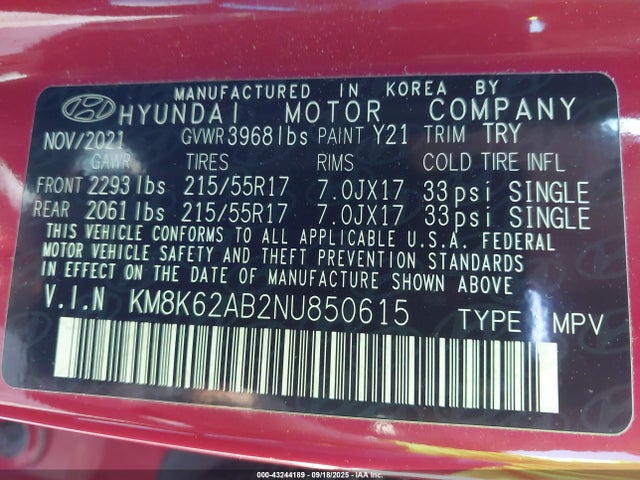KM8K62AB2NU850615 Hyundai mpi nu pe